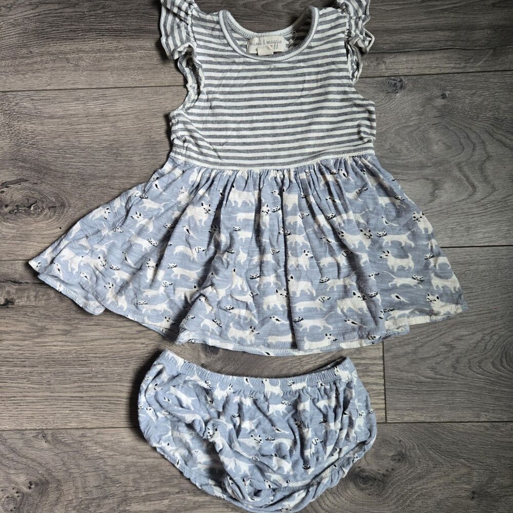 Mimi & Maggie Dress Set 18M Baby Girl Blue Stripe Dog Print Flutter Sleeves Knit